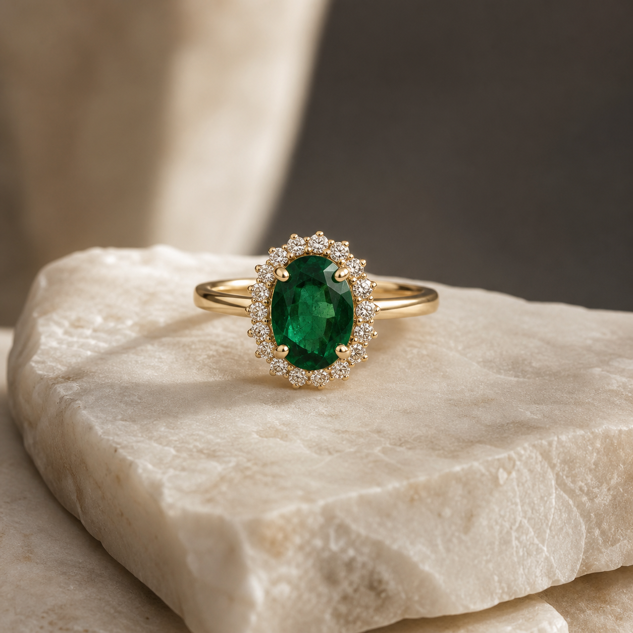 Front view of the Emerald Grace Ring, featuring an oval green emerald surrounded by diamonds in yellow gold